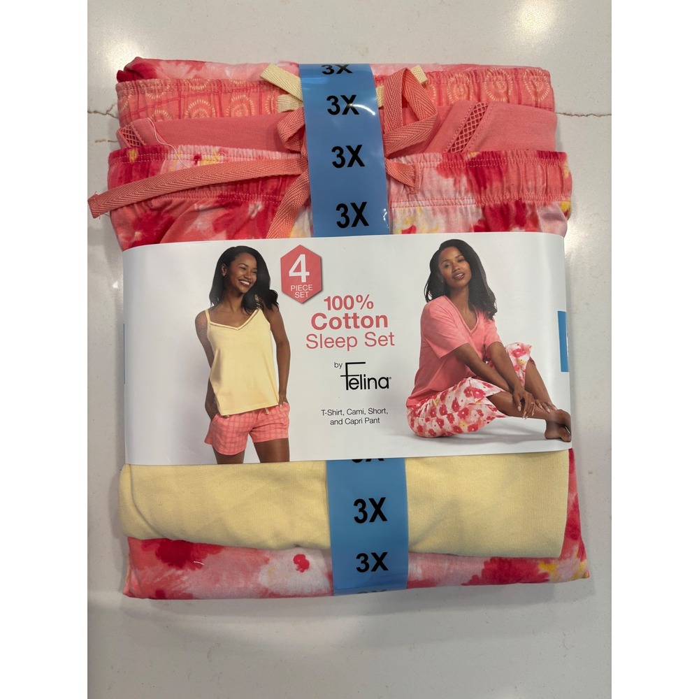 Felina size 3X 4 Piece Sleep Set Womens Pink Yellow Floral